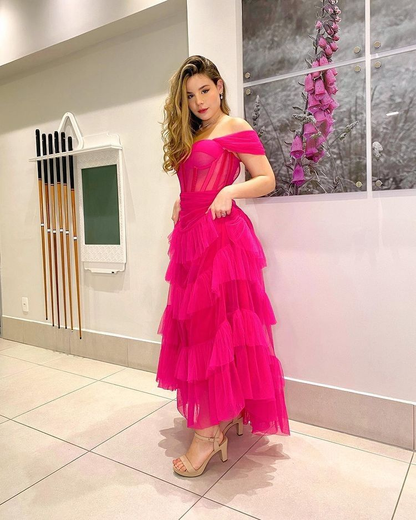 Hot Pink Tulle Long Evening Prom Dresses Y5099