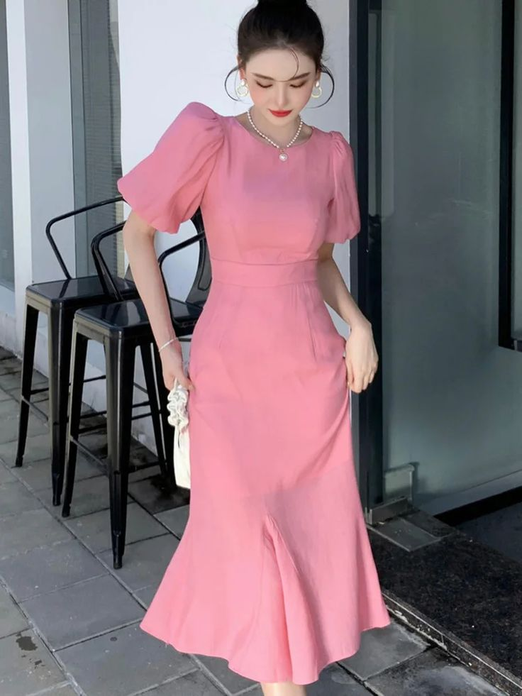 Classy Pink Puff Sleeves Mid-length Prom Dress,Pink Evening Dress  Y7113