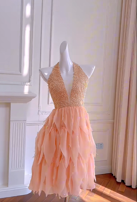 Pretty Halter Beaded Chiffon Cocktail Dress Orange A Line Homecoming Dress Y9048