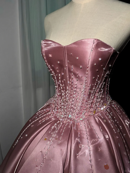 Charming Strapless Satin Beaded Hi-Low Party Dress Pink Long Prom Dress SP4218