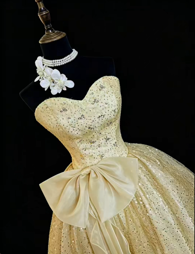Glitter Champagne Gold Strapless Tulle Sequin Short Homecoming Dress Birthday Outfits With Bow SP2765
