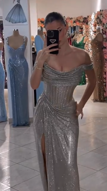 Glitter Silver Sequin Off The Shoulder High Slit Mermaid Long Party Dress Birthday Dress SP2593