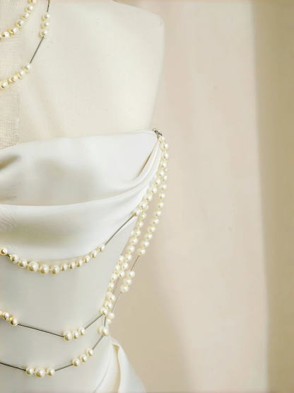 Classy Strapless Satin Pearls Chain White Prom Dress,A Line Evening Dress Y8684
