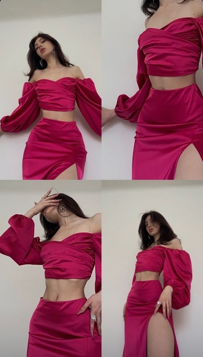 Retro Two Piece Hot Pink Long Prom Dress with Split Y4091