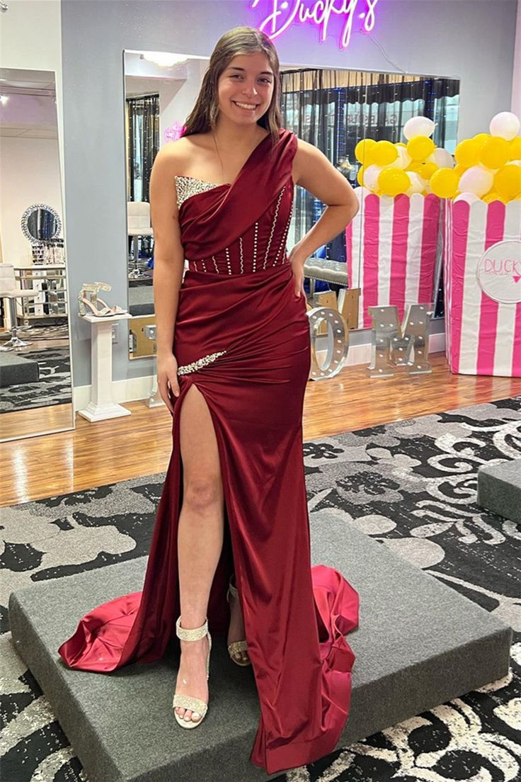 Burgundy One Shoulder Boning Beaded Satin Long Prom Dress with Slit Y5720