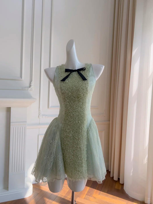 Unique Mint Green Sleeveless Tulle Lace A Line Short Homecoming Dress Cocktail Dress SP2604