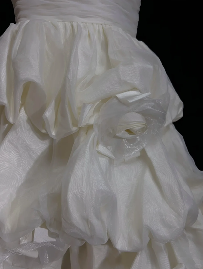 Fairy One Shoulder Satin Pleated A Line Mini Birthday Dress,White Short Homecoming Dress With 3D Flowers SP2900