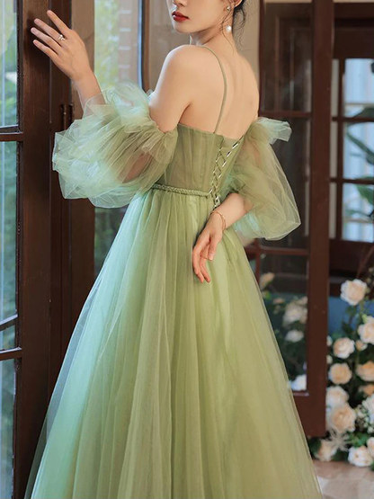 Simple A line Green Long Prom Dress, Green Tulle Bridesmaid Dress Y6986
