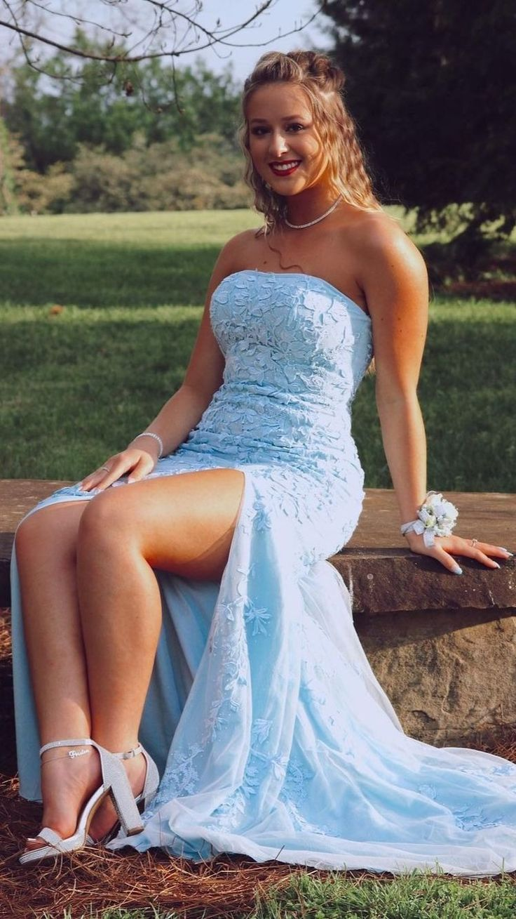 Princess Light Sky blue Formal Dress Lace Appliques Prom Dresses Y5436