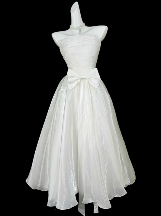 Elegant Strapless Tulle Bow A Line Long Wedding Guest Dress,White Long Party Dress SP3523