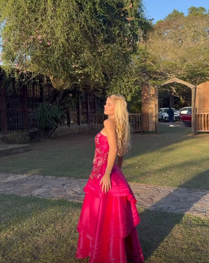 Gorgeous Hot Pink Strapless Satin Beaded Long Party Dress Prom Dress SP3101