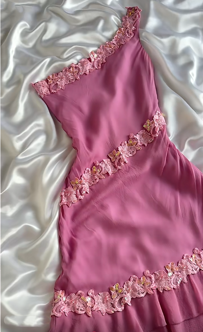 Pretty Pink One Shoulder Chiffon Appliques Short Homecoming Dress Birthday Dress SP3731