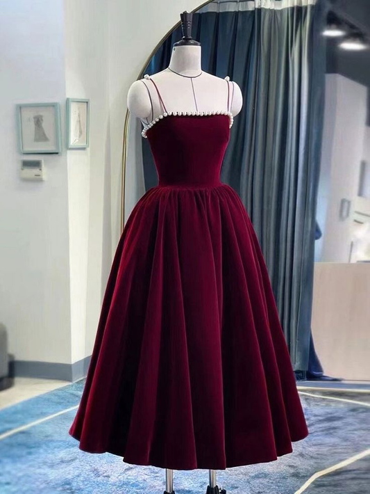 Burgundy Beaded Velvet Prom Dress Spaghetti Strap Mid Long Evening Dress Y4631