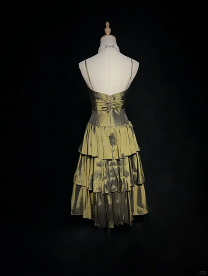 Retro Olive Green Satin A Line Short 9th Grade Homecoming Dress,Spaghetti Straps Mini Cocktail Dress SP2901