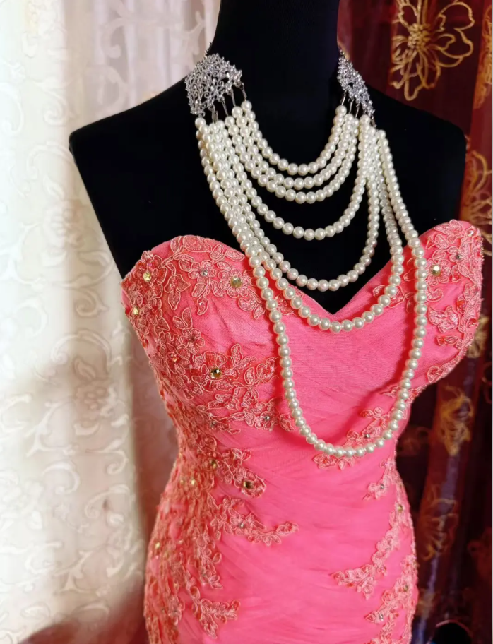 Pretty Pink Strapless Tulle Appliques Beaded Mermaid Long Party Dress Formal Wedding Guest Dress SP1954