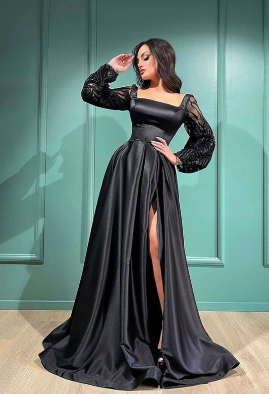 Black High Split Satin Evening Dress Square Collar Puff Long Sleeves Y7093