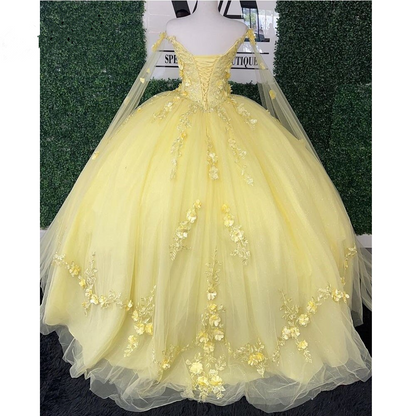 Glitter Yellow Quinceanera Dresses Spaghetti Strap With Wrap Sweet 15 Ball Gowns 3D Flower Bead  Y4050
