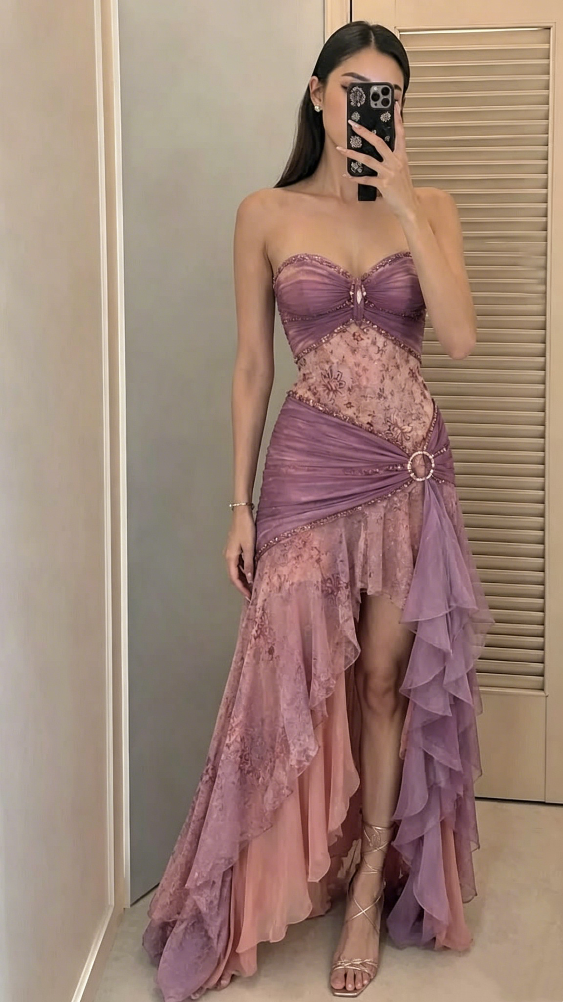 Elegant Dusty Purple Chiffon Lace Floral Beaded Ruffles Party Dress Sweetheart Neck Long Prom Dresses SP3371