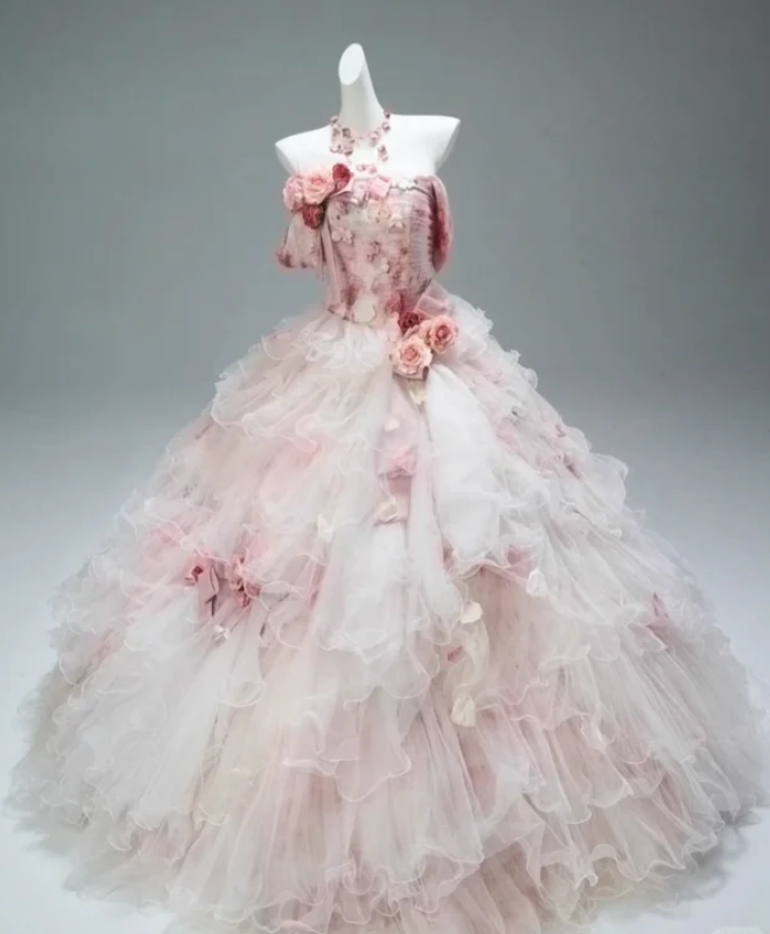 Pretty Tulle Pleated Appliques Pink Quinceanera Dress Sweet Formal Ball Gown SP326