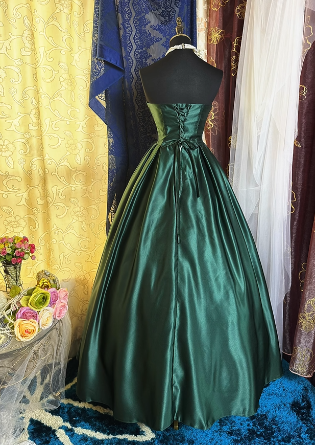 Retro Green Strapless Satin Pleated Ball Gown Long Party Dress Prom Dress SP2194