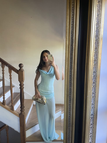 Elegant Blue Satin Chiffon Long Wedding Guest Dress,Formal Birthday Party Dress SP2956