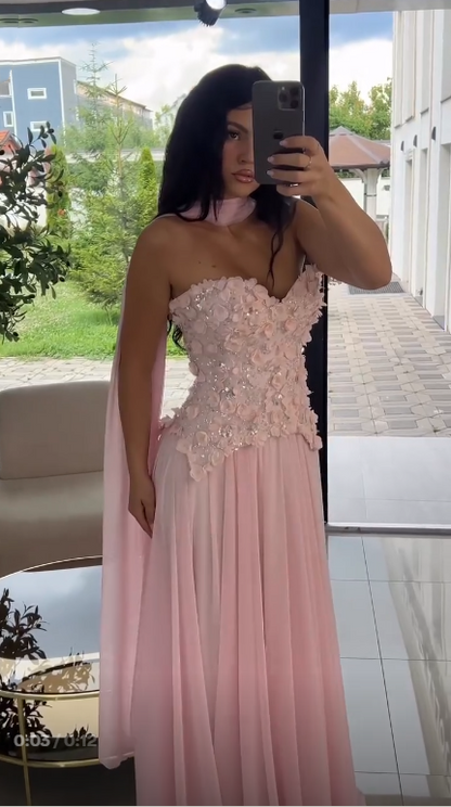 Elegant Pink Strapless Chiffon Appliques Long Party Dress Evening Dress SP3741