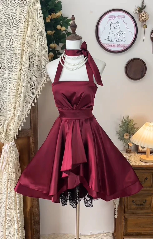 Pretty Burgundy Satin Lace A Line Halter  Homecoming Dress Cocktail Dress Y8881