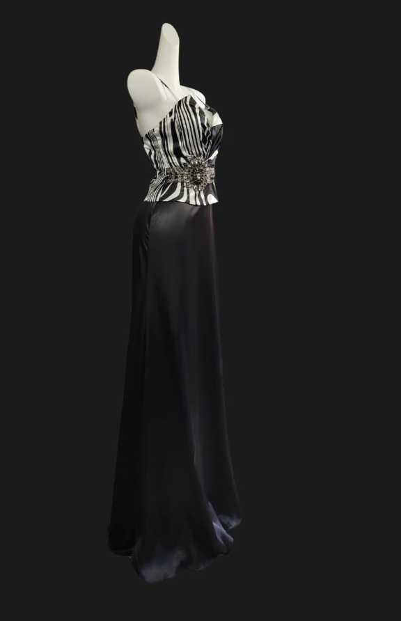 Vintage Spaghetti Straps V Neck Black Satin Long Party Dress Formal Wedding Guest Dress SP417