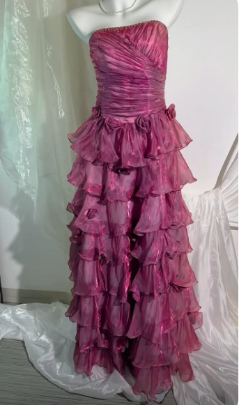 Glamorous Strapless Tulle Beaded Ruffle Layered Long Party Dress Fuchsia Long Evening Dress SP3739
