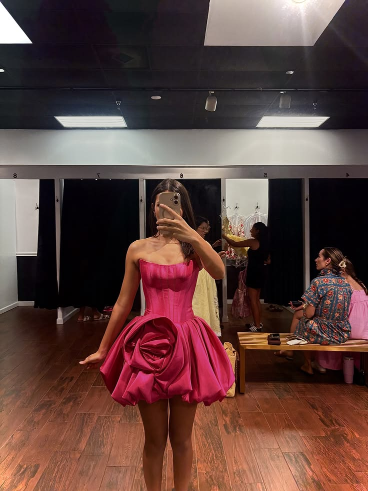 Unique Strapless Pink Satin 3D Floral A Line Short 15th Birthday Outfits,Formal Graduation Homecoming Dress SP3567