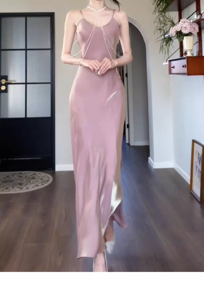 Classy Spaghetti Straps Pink V Neck Satin Mermaid Long Party Dress Formal Wedding Guest Dress SP2004