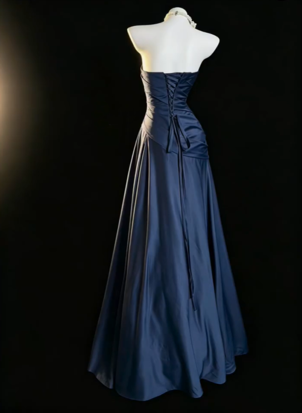 Fashion Strapless Satin Pleated Long Party Dress,Navy Blue A Line Long Prom Gown SP2762