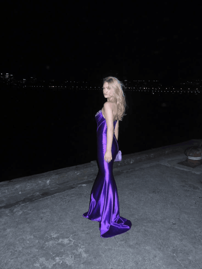 Sexy Purple Satin Beaded Mermaid Long Party Dress Prom Gowns SP4171