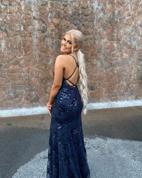 navy blue mermaid tulle and sequins long formal prom dress with v neckline and lace up back Y1563