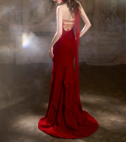 Classy Strapless Red Satin Bow Mermaid Long Wedding Guest Dress Formal Party Dress With Scarf SP2097