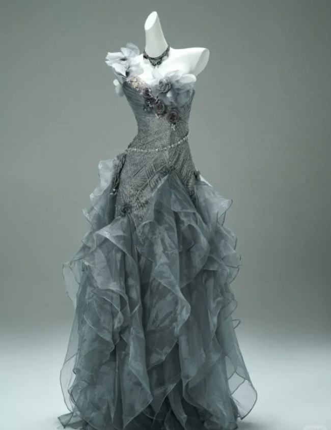 Charming One Shoulder Gray Organza Ruffles Formal Prom Dress Long Evening Gown SP325