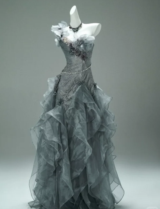 Charming One Shoulder Gray Organza Ruffles Formal Prom Dress Long Evening Gown SP325