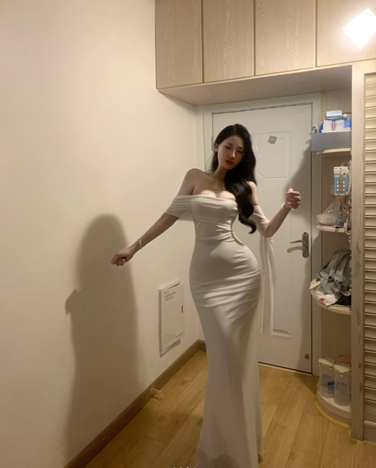 Classy Off The Shoulder White Chiffon Mermaid Prom Gown Long Party Dress Guest Dress SP289