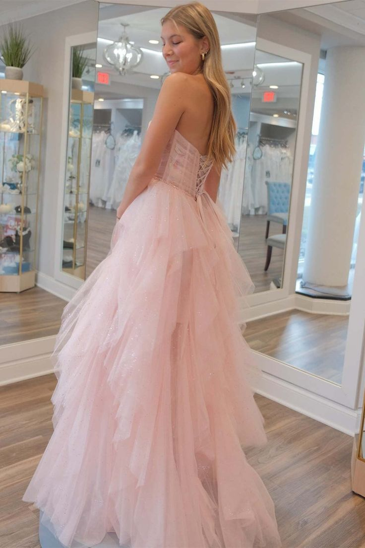 Strapless Sequin Beaded Ruffle Tulle Prom Dress Y7003