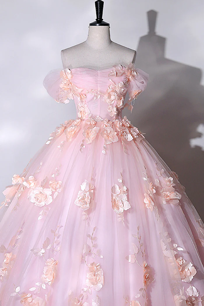 Pink Flowers Sweetheart Ball Gown Formal Dresses, Pink Long Sweet 16 Dresses Y6951