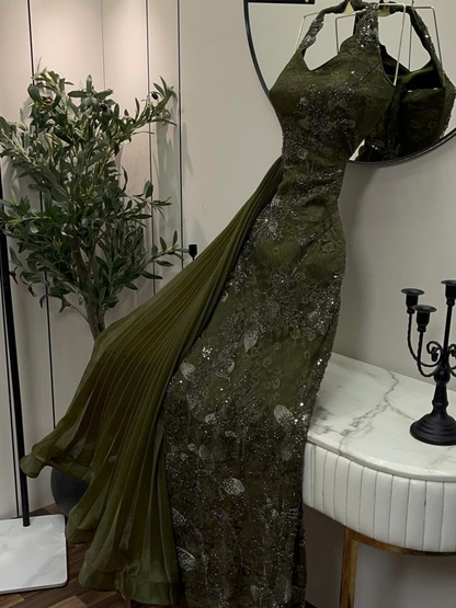 Vintage Olive Green Lace Sequin Beaded Sheath Long Party Dress Halter Birthday Prom Gowns SP2275