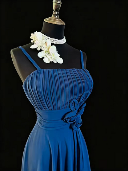 Classy Spaghetti Strap Satin Chiffon Pleated Long Wedding Guest Dress Navy Blue Party Dress SP2766