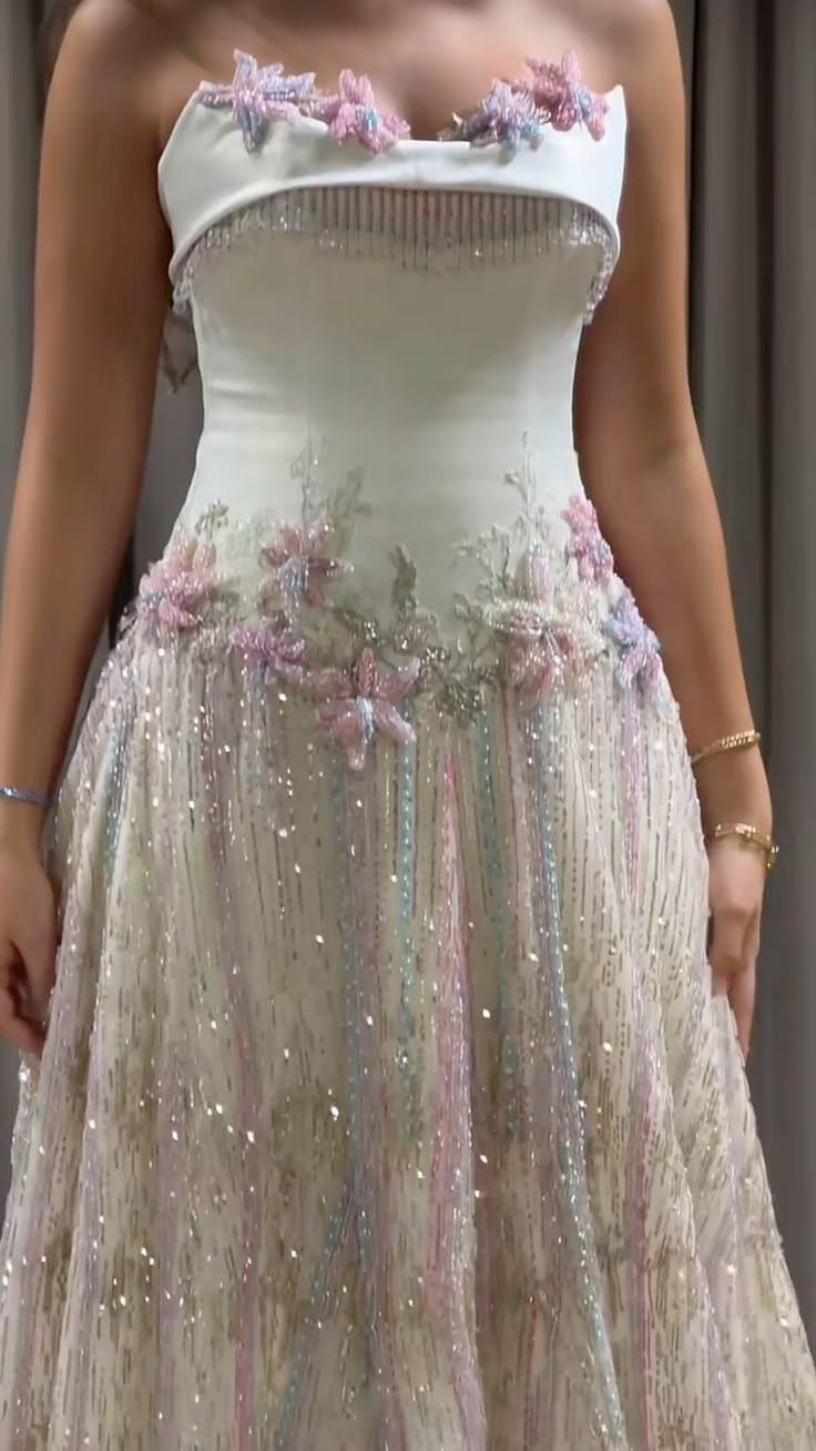 Sparkly White Satin Sequin Appliques Long Party Dress Strapless Evening Gowns SP4168