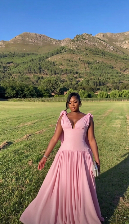 Pretty V Neck Pink Satin Chiffon A Line Long Party Dress Evening Gowns SP4278