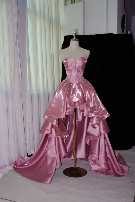 Charming Strapless Satin Beaded Hi-Low Party Dress Pink Long Prom Dress SP4218