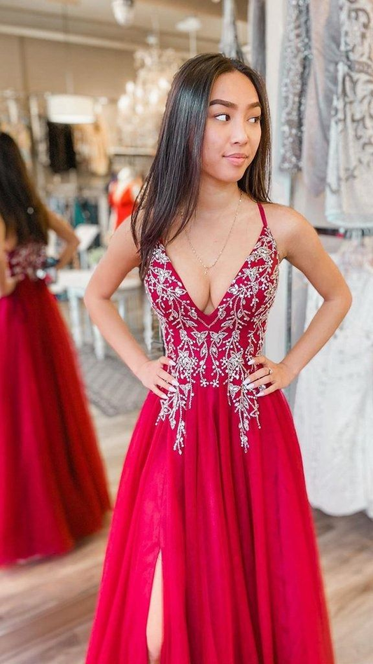 Red A-line Long Prom Dress With Split,Red Formal Dress  Y5336