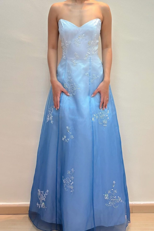 Elegant Strapless Ombre Blue Tulle Beaded A Line Long Party Dress Guest Dress SP309