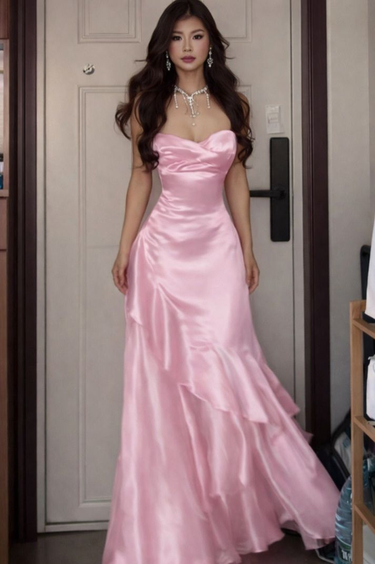 Pretty Spaghetti Straps Pink Satin Ruffle Mermaid Long Party Dress Birthday Dress SP1762