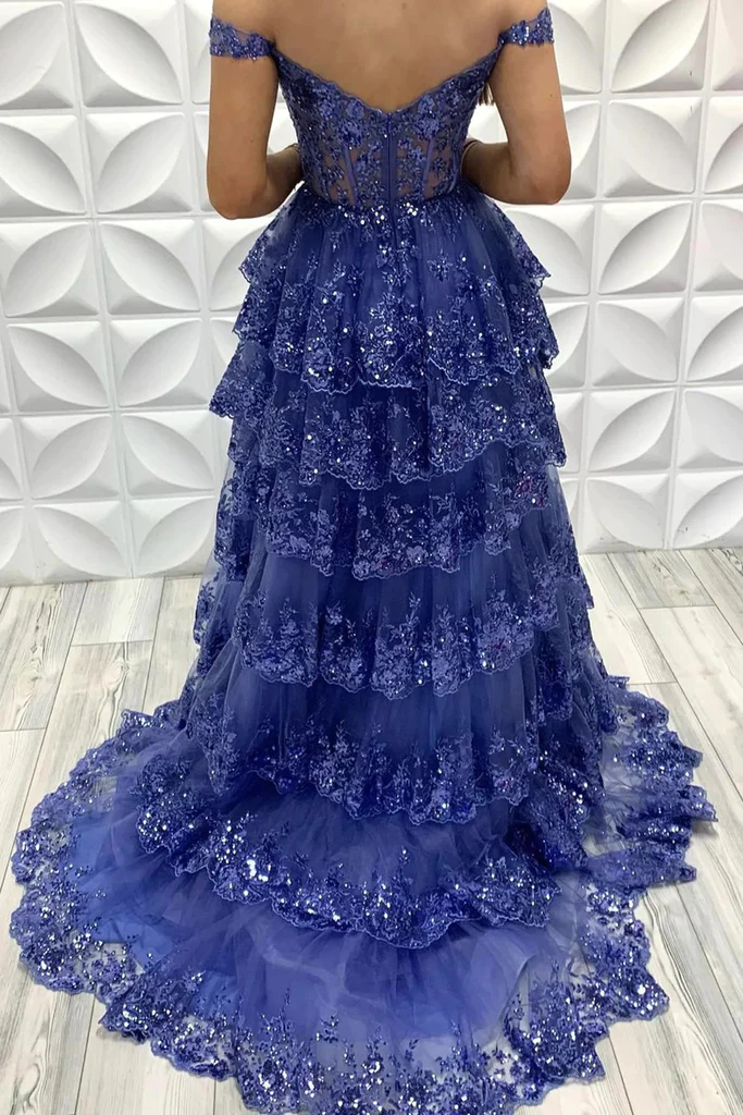 Off Shoulder Blue Tulle Lace Long Prom Dresses, Off The Shoulder Lace Blue Evening Party Dresses Y2973