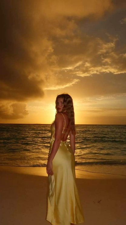 Sexy Spaghetti Straps V Neck Yellow Backless Long Evening Gown Guest Dress SP257